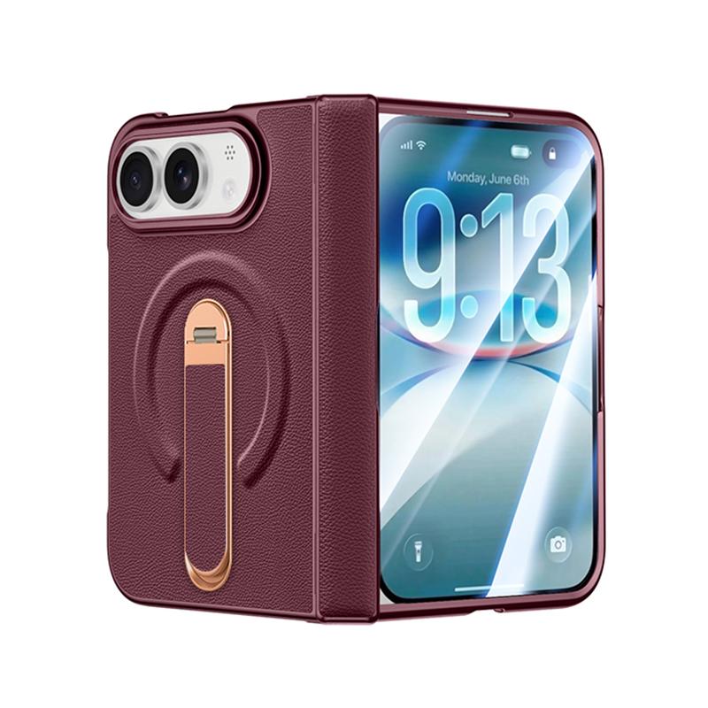 PU Leather Fold Case for IPhone DUO, MagSafe Hinge Protection, Hidden Kickstand, Built-in HD Screen Film, Wireless Charging Compatible