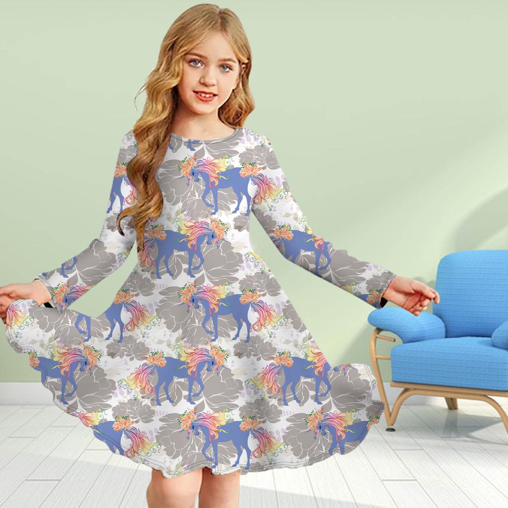 Girl Casual 3D Print Flower Unicorn Round Neck Long Sleeve Dress Kid Princess Dress