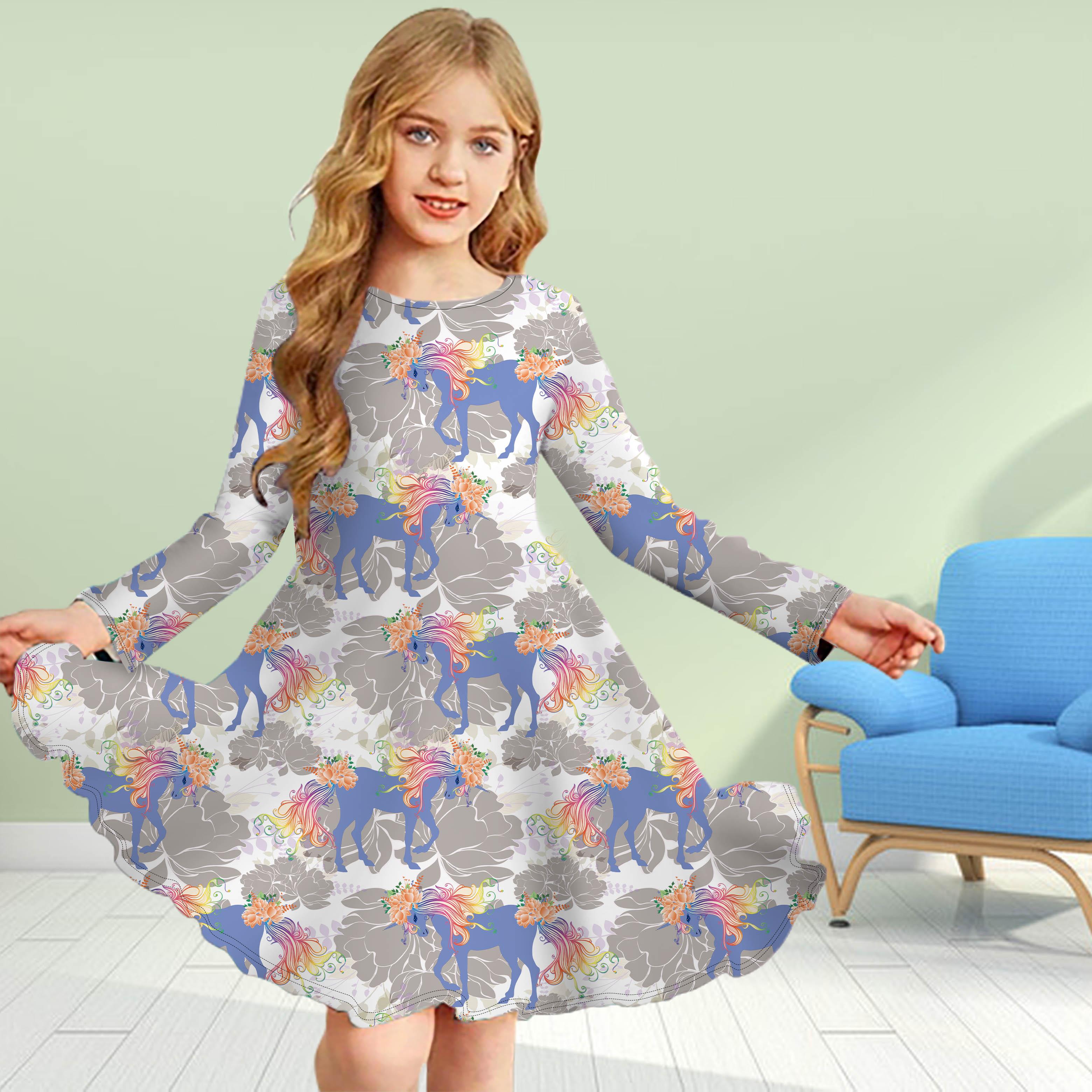 

Повседневное платье для девочек с 3D-принтом, цветочным единорогом, круглым вырезом и длинными рукавами, детское платье принцессы 180 серый