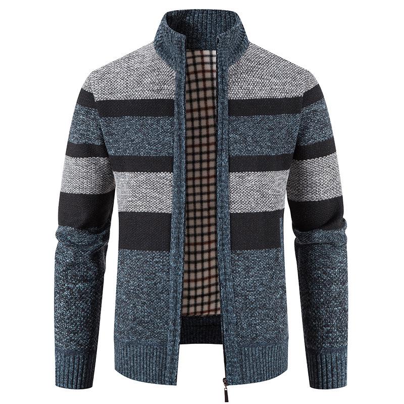 Men's Thickened Velvet Stand Collar Color Block Knit Cardigan Sweater Jacket for Autumn/Winter