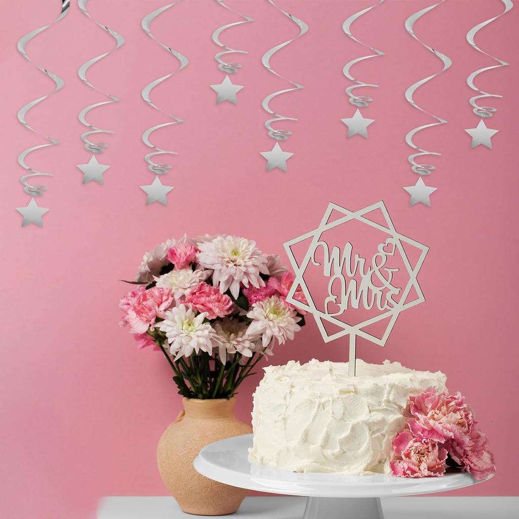 20 PCS Silver Hanging Stars for Ceiling, Silver Star Streamers Foil Swirls Party Decorations for Ceiling Graduation Wedding Baby Shower Party