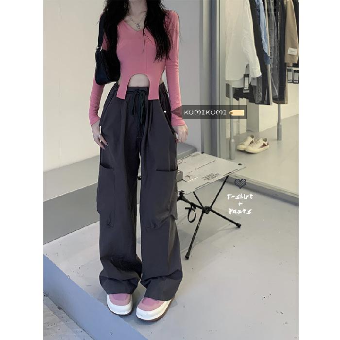 Grau Amerikanischer Herbst Süß Cooles Mädchen Rosa Lockeres Design Retro Nische Lässige Weitbeinige Hose Damenbekleidung Cargo Y2k