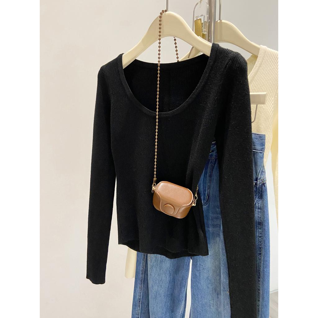 Retro u-neck knitted sweater bottoming sweater women's autumn and winter soft waxy long-sleeved front shoulder slim-fitting and thin inner top