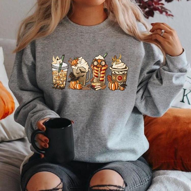 Pumpkin Spice Coffee Lover Women Fall Cozy Horror Sweatshirt Pullover Halloween Clothes