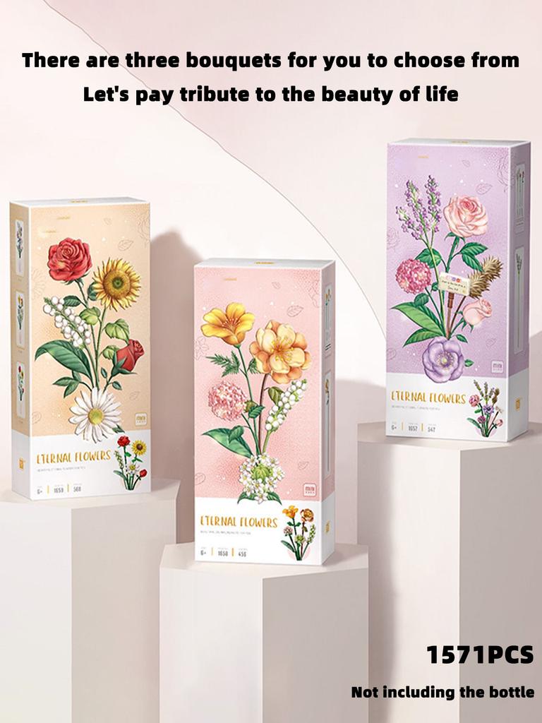 3 Arten von zusammengesetzten Blumenstrauß-Bausteinen DIY Blumenbaustein-Spielzeugset Heimdekoration Feiertagsgeschenk Geburtstagsgeschenk (Vasen nicht enthalten)