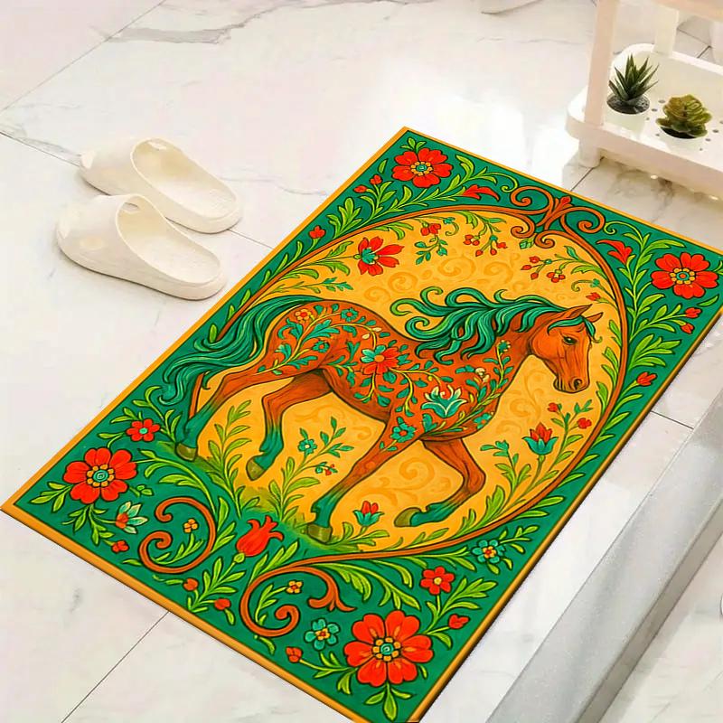 1Pc Floral Horse Illustration Rug, Office Carpet Indoor Outdoor Doormat, Non-Slip, Comfortable, Living, Christmas Halloween, Xmas Gift G1196