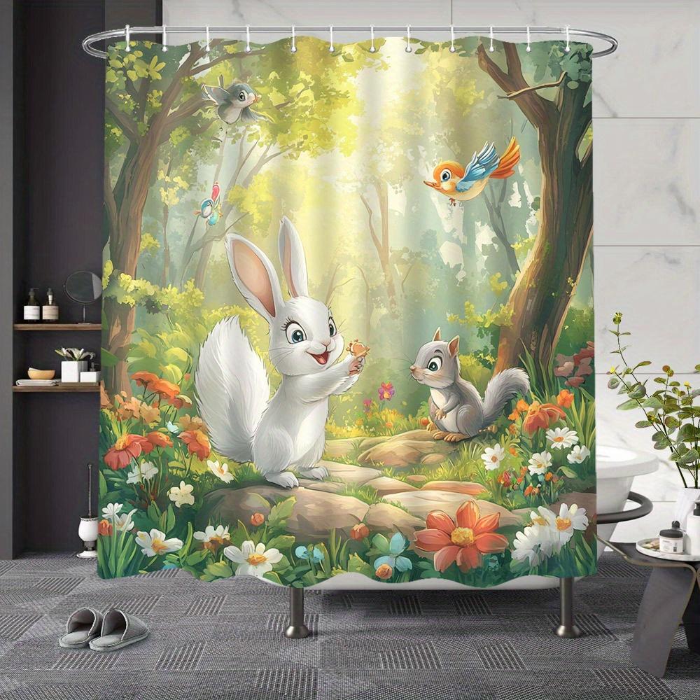 

Whimsical Forest Bunny Shower Curtain - White Rabbits, Colorful Birds, Enchanted Forest Design, 72X72 , 12 Hooks, Polyester W60H190(CM)-1 Pcs
