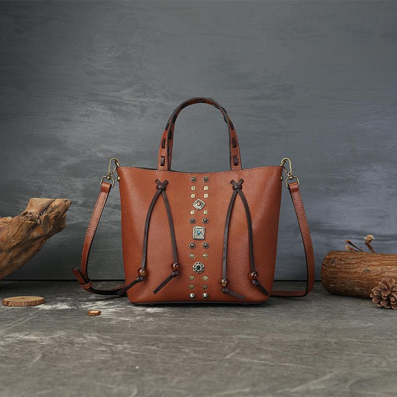 Johnature Cowhide Woven Handbag Genuine Leather Women's Bag Retro Rivet Large Capacity Shoulder Bags
