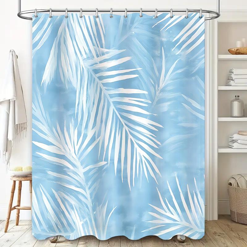 

Blue Palm Leaves Print Waterproof Shower Curtain Bathroom Hooks Elegant Modern White Light Blue Leaves To Install Wrinkle-Free W60H190(CM)-1 Pcs