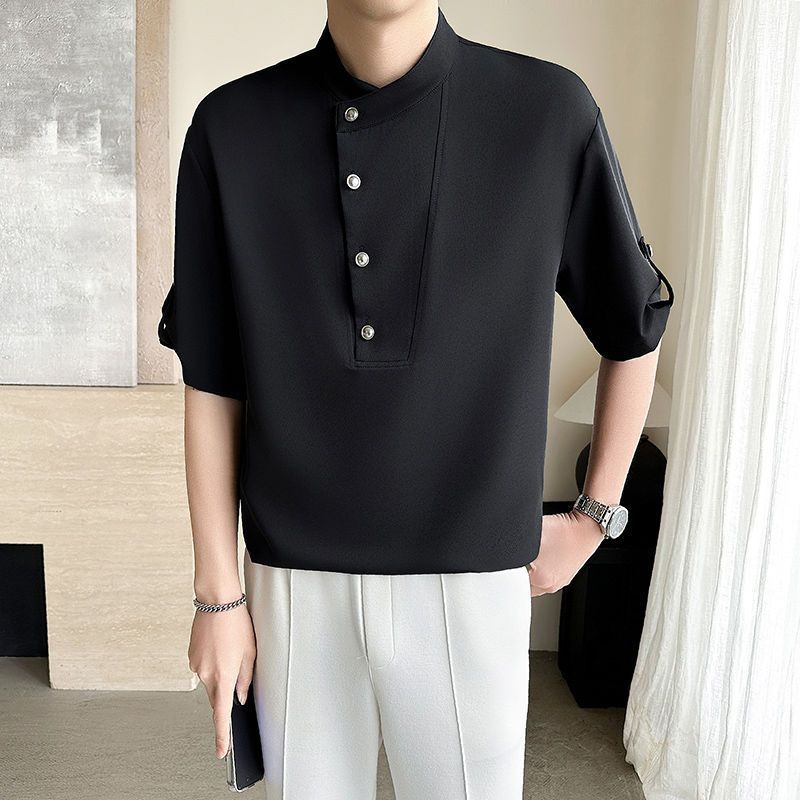 

Модные рубашки на пуговицах со стойкой воротником, летние, комбинированные, универсальные, корейского стиля, однотонные, мужская одежда, повседневные, простые рубашки с коротким рукавом XXXL чёрный