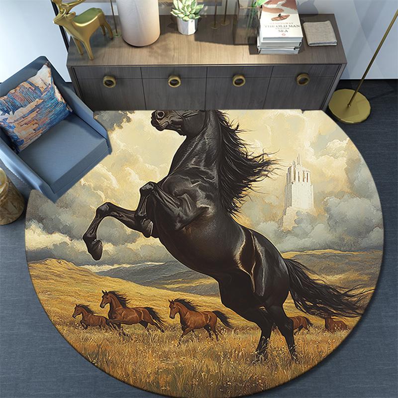 Black Horse Round Area Rug,Carpet Rug for Living Room Bedroom Sofa Playroom Decor,Non-slip Floor Mat