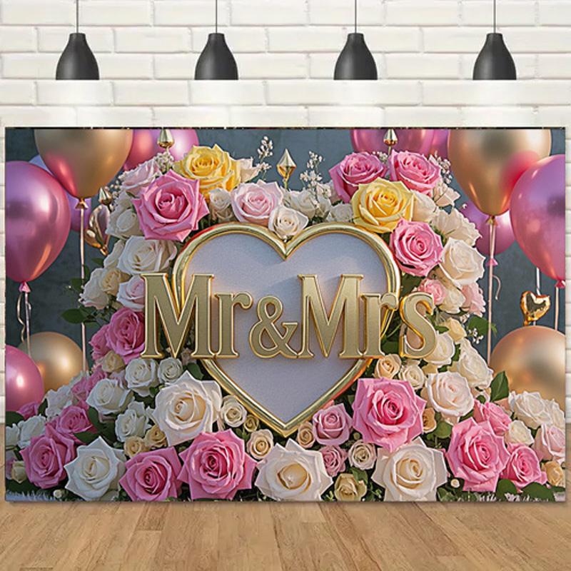 1pc Backdrop with Heart-Shaped Floral Design,Pink&Golden Theme,for Photo Booths,Anniversaries,Weddings,and Festive Decorations,Indoors and Outdoors