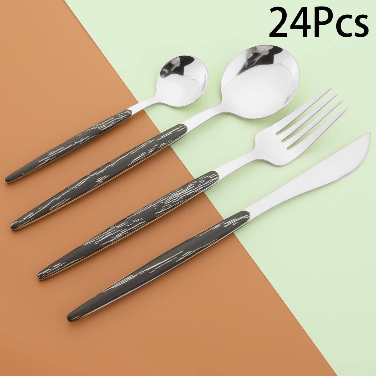 

24 шт., набор столовых приборов с коричневой деревянной ручкой, нож, вилка, кофе, маленькие ложки, набор столовой посуды, посуда из нержавеющей стали, кухонное серебро Black Silver