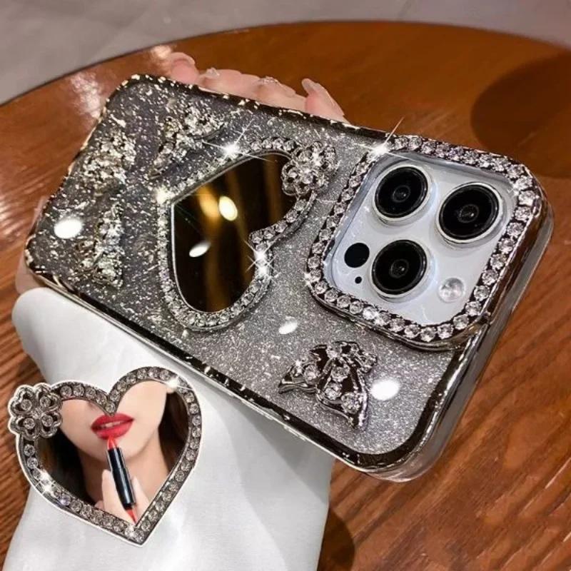 Hjerte Sminkespeil Deksel For iPhone 16 Pro Max 15 Plus Plating Sommerfugl Deksel For iPhone 14 Pro 13 12 11 Glitter Diamant Deksel