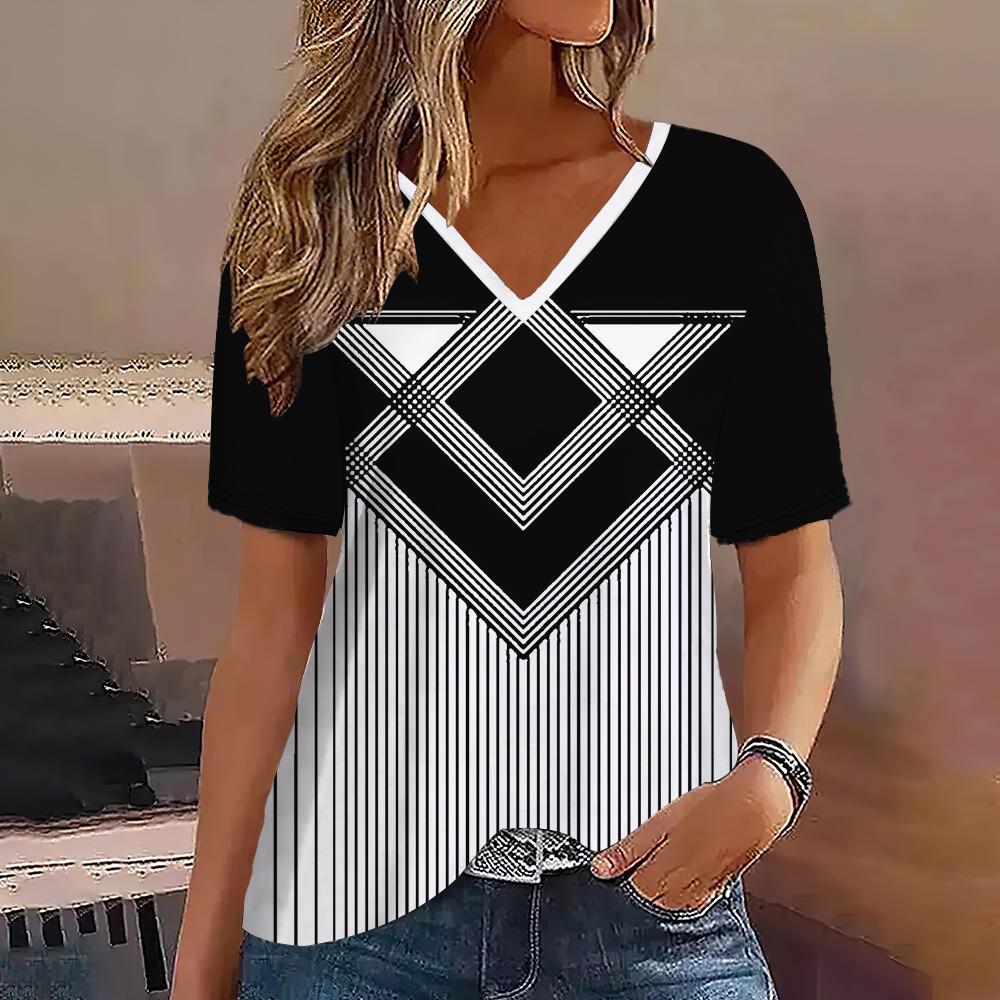 Women's T-shirt Summer V-neck Short-sleeved Striped Graphic Printing Outdoor Casual Pullover Women's T-shirt