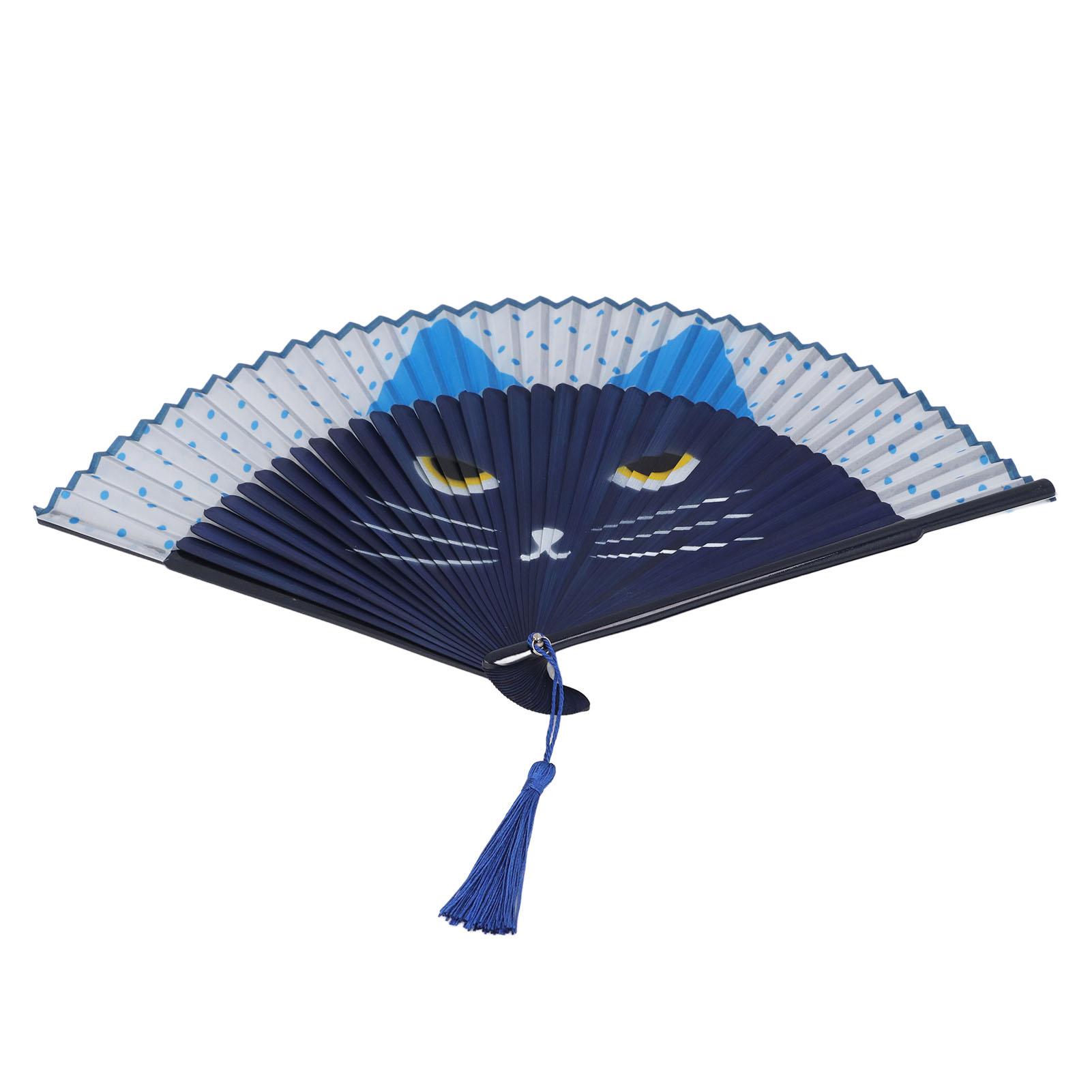 

Складной веер с изображением мультяшного кота, женский, ручной, декоративный, японский, винтажный, из бамбука с кисточкой, чехол для синий
