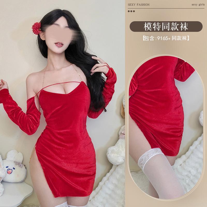 Sex Underwear Velvet Red New Suspender Skirt Chain Halter Side Split Hip Skirt Pure Desire High Sense