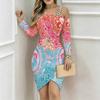 Women Plus Size Asymmetric Cold Shoulder Pink Blue Mixed Paisley Mandala Print Wrap Bodycon Midi Dress