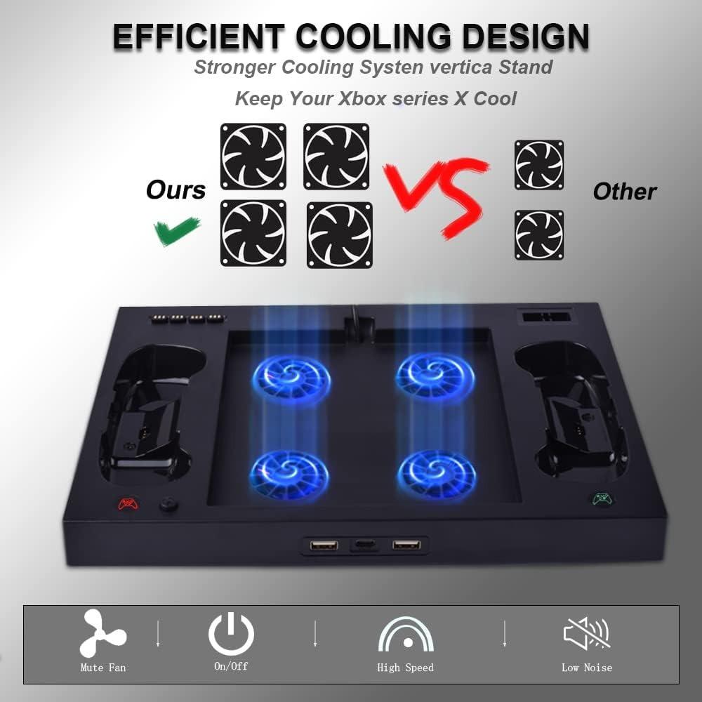 Suporte para Xbox Series X com ventoinha, estação de carregamento para dois controles com 4 ventoinhas de resfriamento, 1 suporte para fone de ouvido, pacote com 2 baterias recarregáveis de 1400 mAh