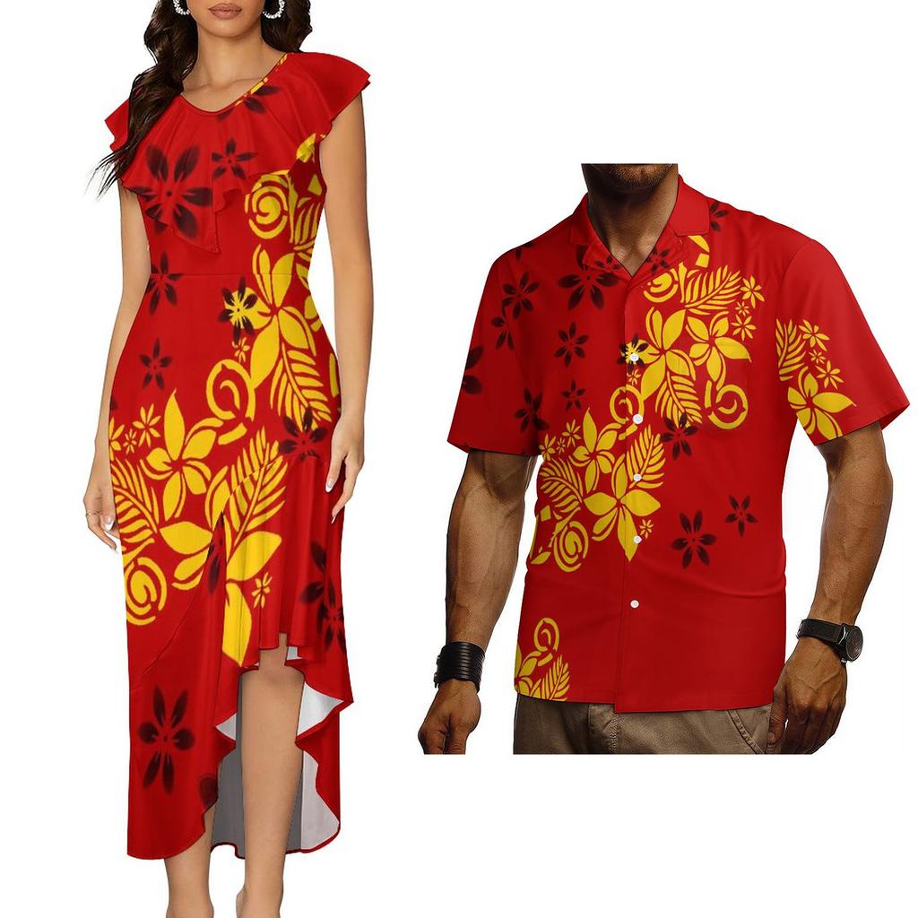 Polynesian Tribal Traditional Samoan Puletasi Dress for Women Custom Elegant Dresses Vintage Floral Dress Couple Set