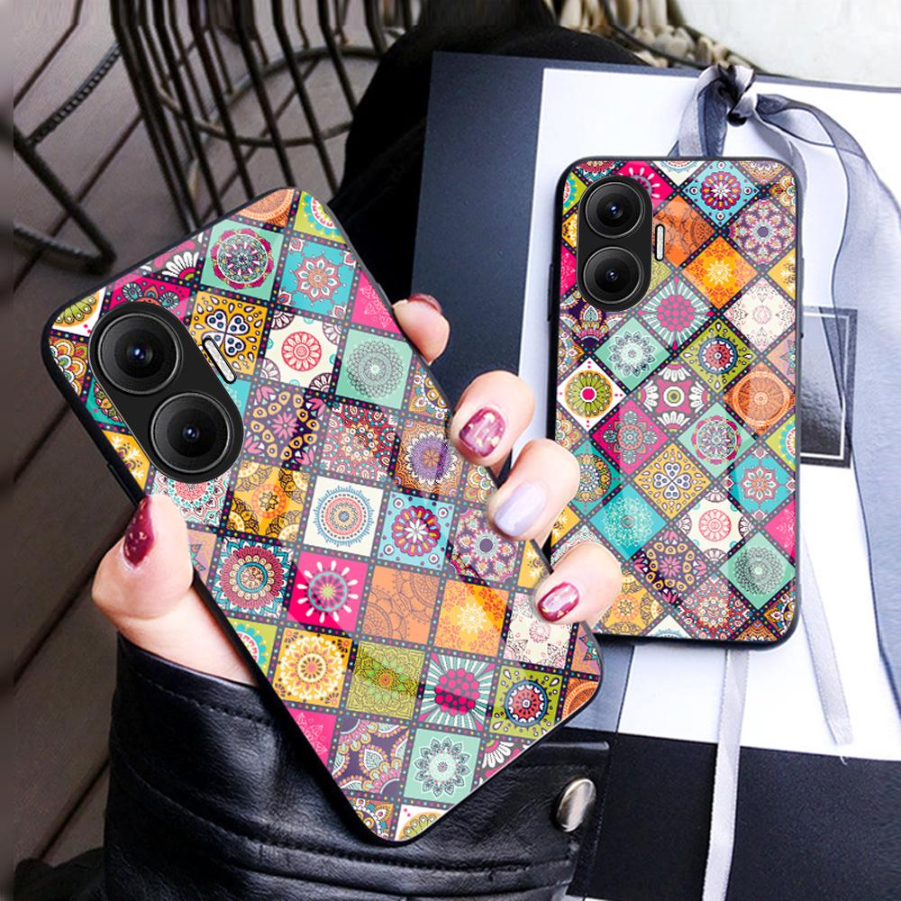 For Xiaomi Poco F7 5G/Redmi Turbo 4 Pro 5G Case Kickstand Ethnic Pattern Tempered Glass Phone Cover with Strap