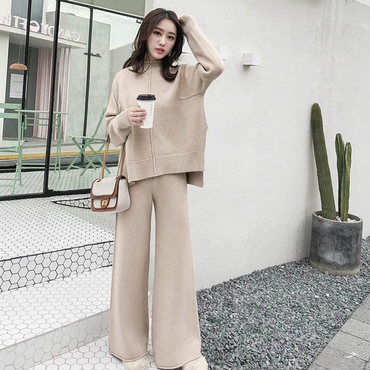 Drapey Knit Wide-Leg Pants & Cashmere Sweater Two-Piece Set for Women - Stylish Autumn/Winter 2019