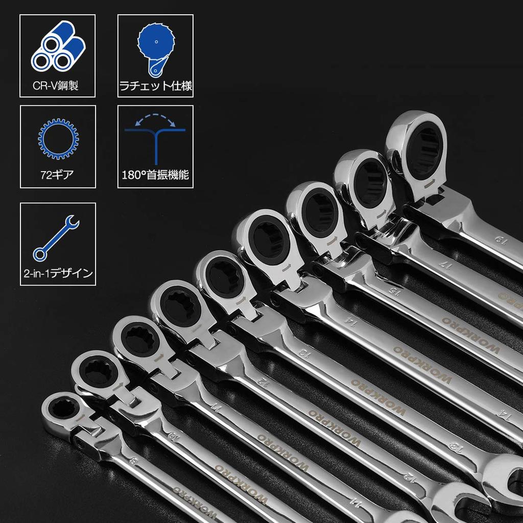 Chave Combinada Catraca Flexível WORKPRO com Giro 72 para Automóveis e Inclui Bolsa de Armazenamento Chave, Cabeça, 8-19mm, Engrenagens, Conjunto de 9 Peças, Montagem, Reparo,