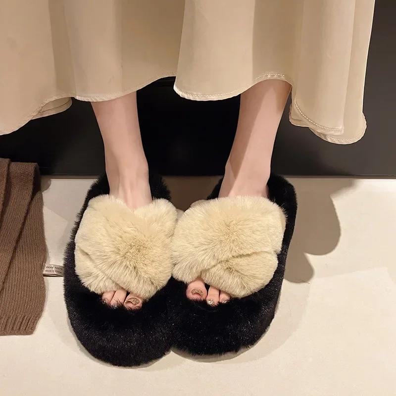 Fashion 2025 Autumn/Winter Candy Color Plush Slippers, Women's Plush Thick Sole Plus Size Cotton Slippers