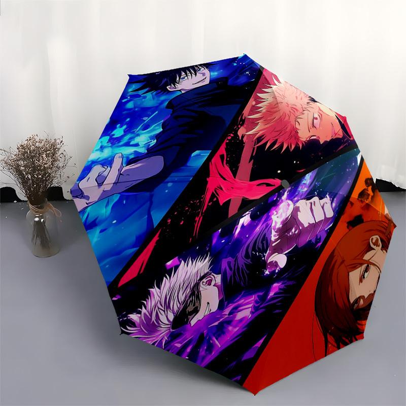 1 Stück Jujutsu Kaisen Charaktere Automatisches Öffnen und Schließen Regenschirm Tragbares Dreifach faltbares Design mit 8-Speichen-Eisenrahmen, Outdoor, Geschenk für Fans, Reisende, Tägliche Nutzung,
