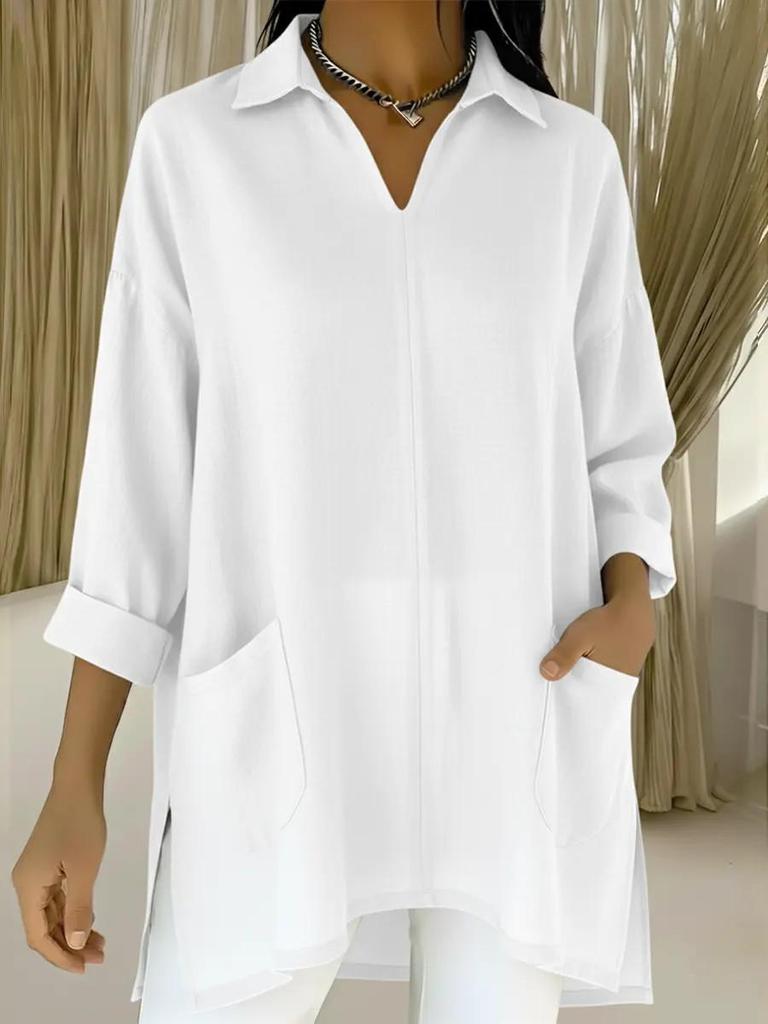 2026 Spring European & American Women's Fashion Solid Color Pocket Shirt Collar Loose Top