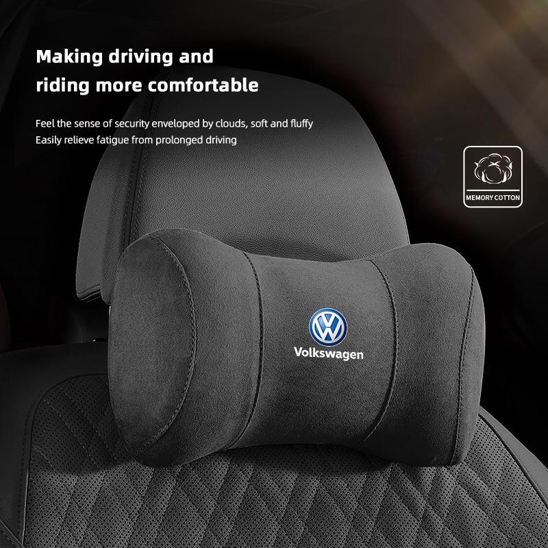 Suede Headrest Car Breathable Memory Foam Neck Pillow For VW Jetta Golf Passat Polo CC Tiguan Arteon Touareg Taigo Caddy Hub Cap EF1