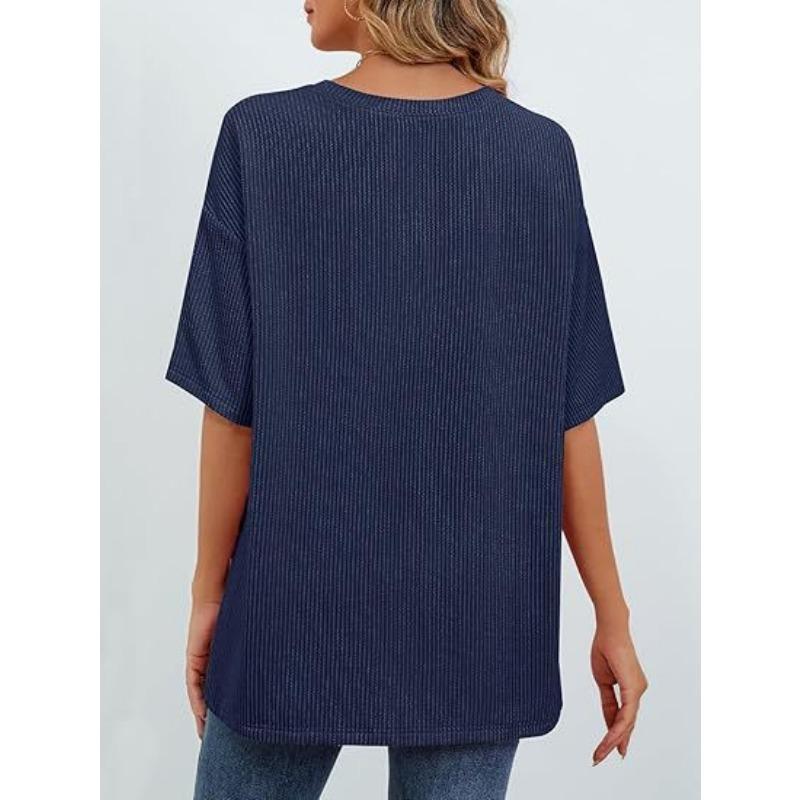 Women's Summer Short Sleeve Patch Pocket Top Oversized Round Neck Textured Casual Basic T-Shirt