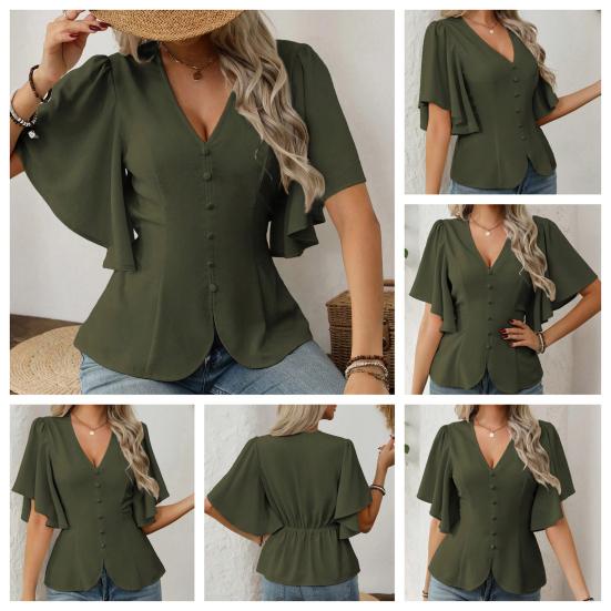 Damskie Bluzki Dekolt V Krótki Rękaw Motylkowy Jednorzędowa Koszula Miękki Elastyczny Design w Pasie Casualowa Bluzka Na Imprezę Wakacje Biuro Randkę
