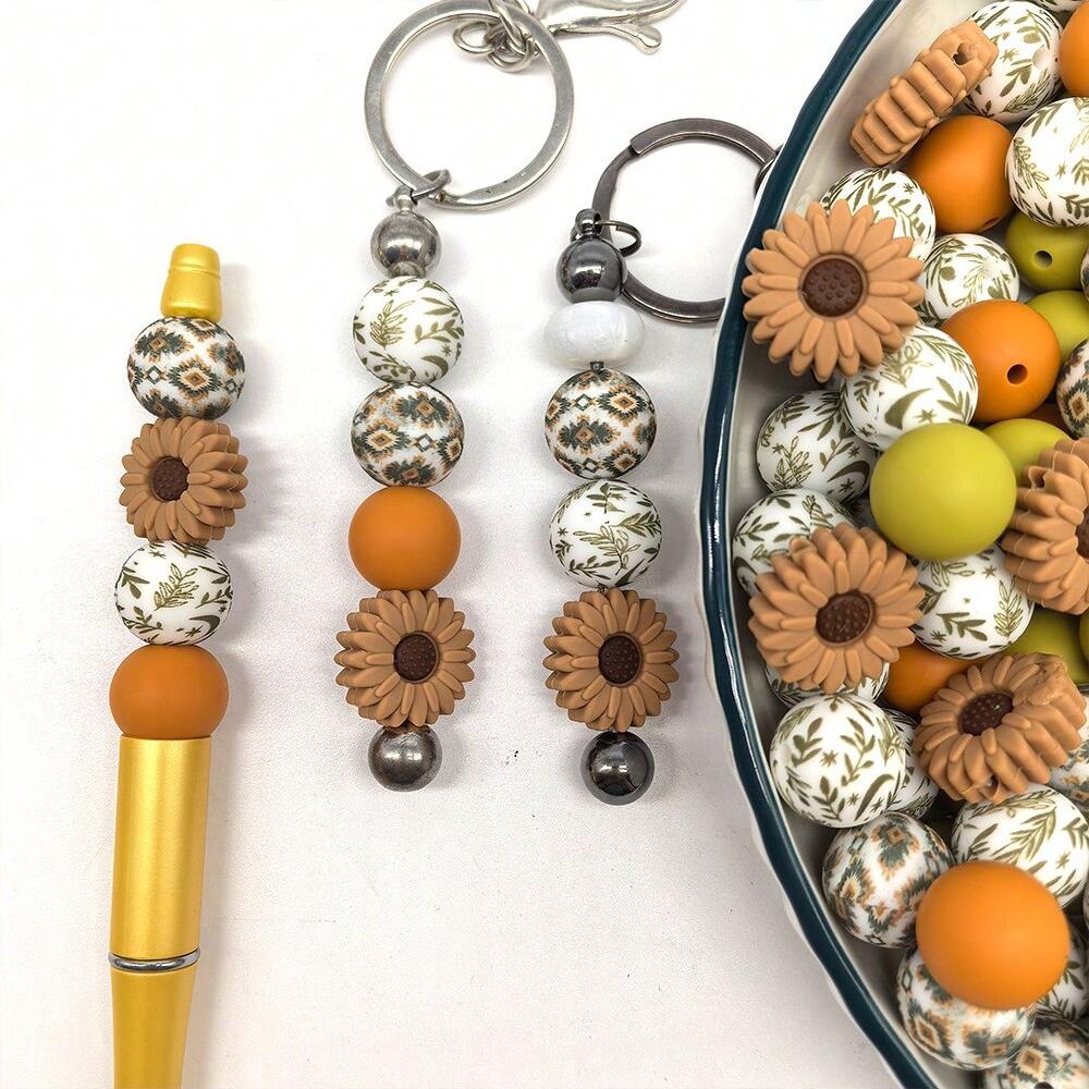 25PCS daisy and floral printed silicone bead set, punk style, suitable for DIY keychains, bracelets, bead pens