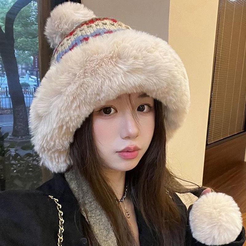 New Autumn And Winter Fluffy Earmuffs Warm Wool Hat For Women With Large Head Circumference Cold-Proof All-Match Knitted Hat