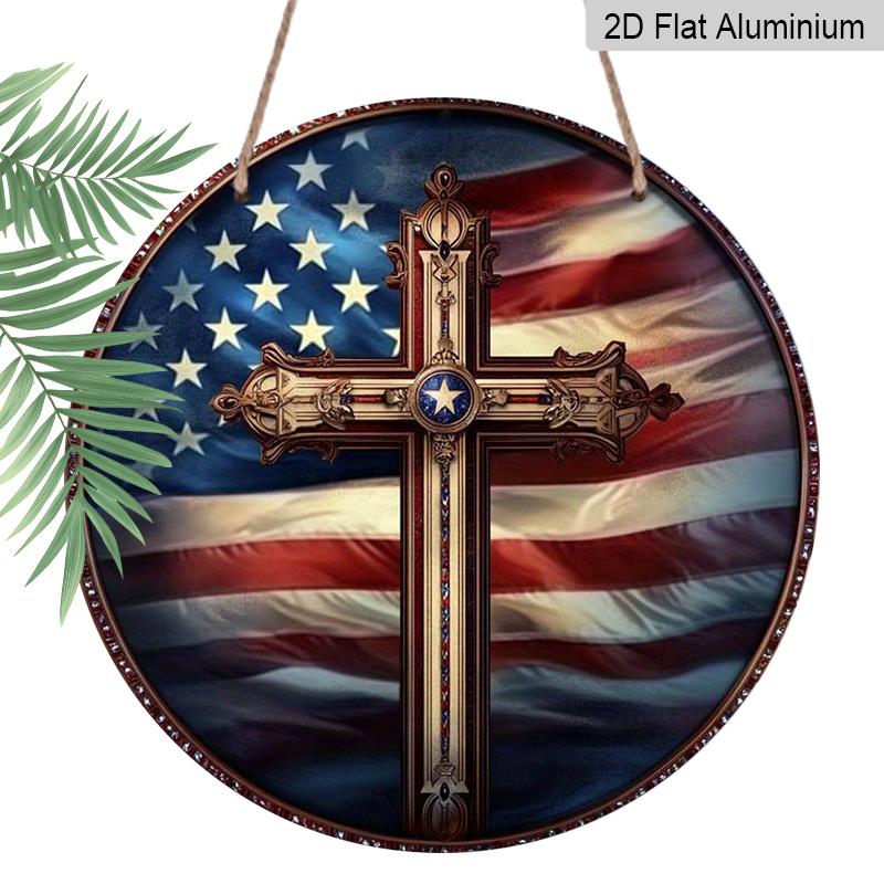 

2D Flat, 1pc Round Aluminum Patriotic Cross & US Flag Sign, Vintage American Metal Plaque, Waterproof & Rustproof, Perfect for 4th of July, Memorial 7.87×7.87inch