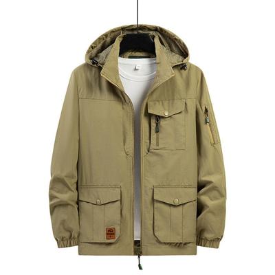 Herren Herbst Winterjacke, wasserdicht, mit mehreren Taschen, Kapuze, langärmelig, einfarbig, weich, locker, glatt, Reißverschluss, abnehmbarer Hut, Streetwear, Outdoor