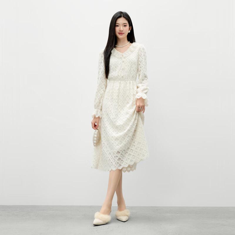 Qiusbuiyiren French Retro V-Neck Ruffle Lace Knit Dress