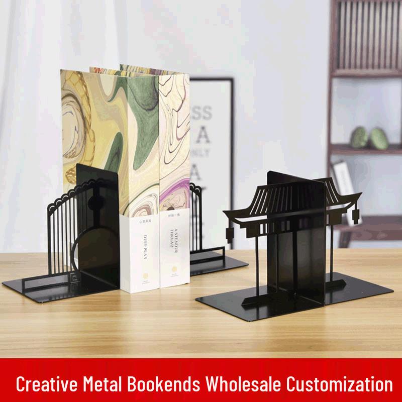 Chinese Style Ancient Architecture Metal Bookends: Decorative Desktop Ornaments and Book Support Clips