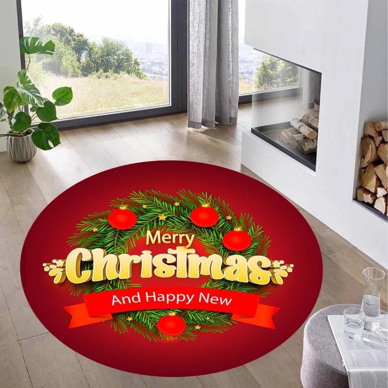 Vintage Christmas Print Round Mat, Stain Resistant Non-Slip Carpet for Dining Room, Retro Holiday Home Decor Rug