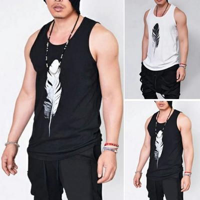 Men Summer Vest Round Neck Sleeveless Top Feather Print Racerback Vest Quick-Drying Wide Shoulder Straps Tank Tops