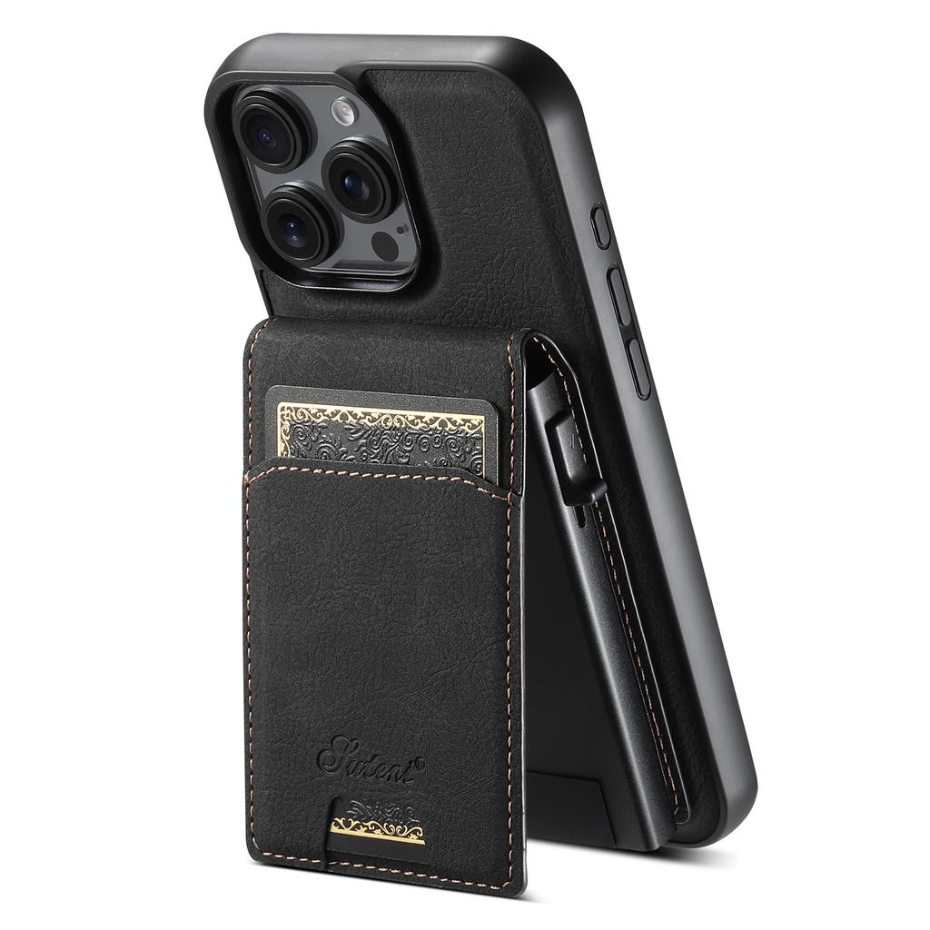 SUTENI H19 For iPhone 16 Pro Magnetic Case Card Holder Kickstand Litchi Texture Leather Back Cover