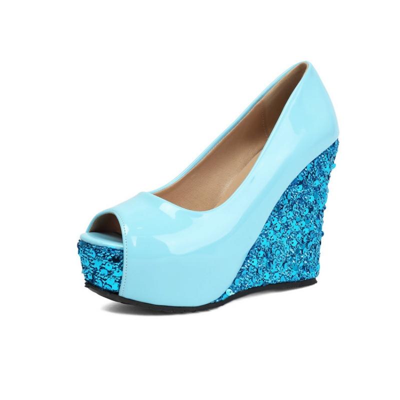 

Trendy 2026 Spring Autumn Peep Toe Shoes Women Wedeg High Heels Sequined Bling Bling Pumps Slip on Gold Silver White OL 34 синій