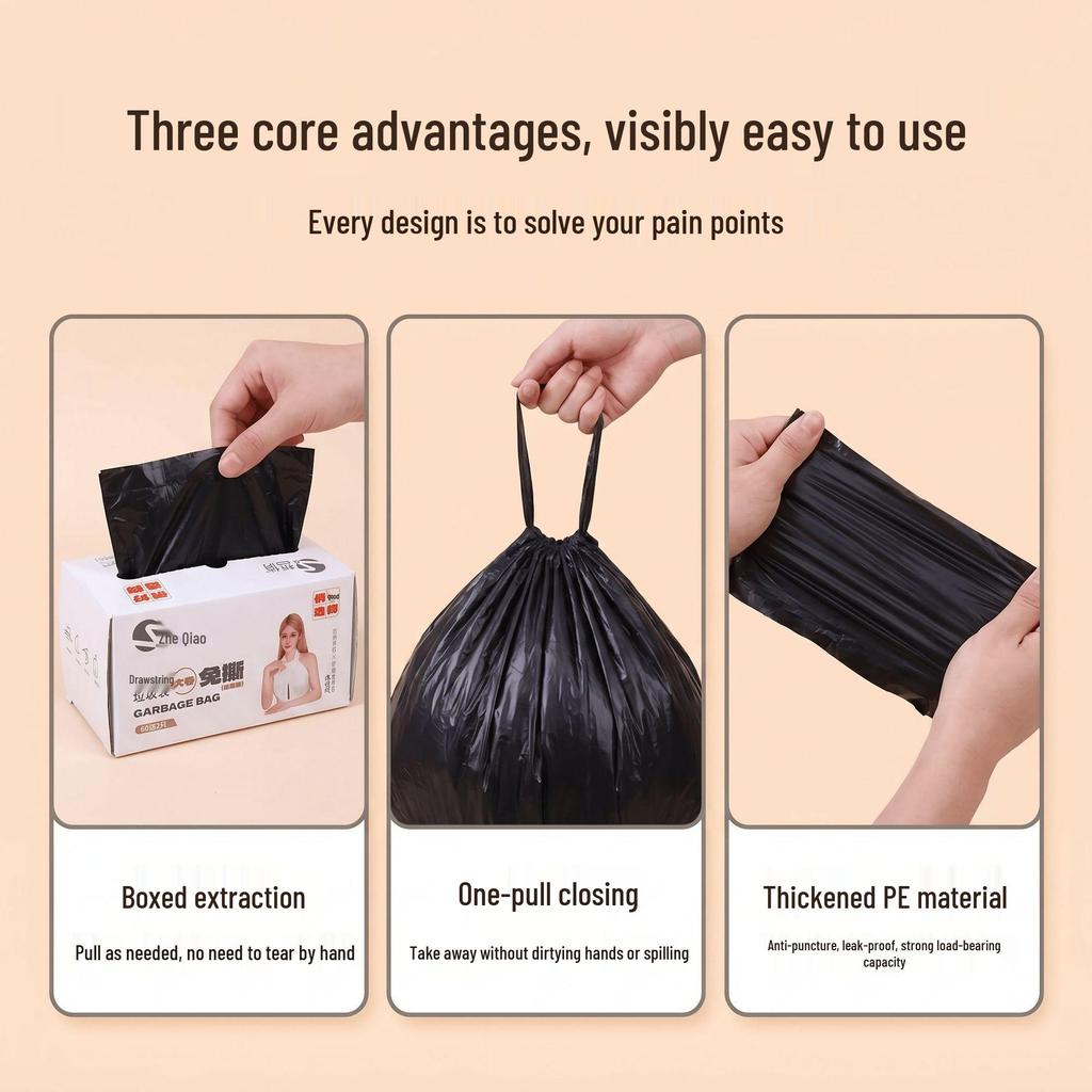 Durable Black Garbage Bags with No-Tear Handles - Vest-Style, Drawstring for Office & Kitchen Use.
