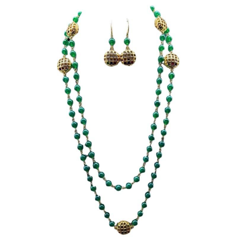 Vintage Hollowed Out Birdcage Green Agate Long Style Versatile Necklace