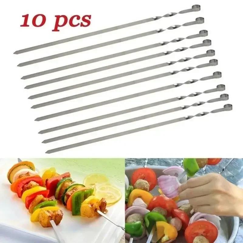 New Practical 10Pcs Stainless Steel BBQ Barbecue Skewer Roast Stick Grilling Kabob Kebab Flat Skewers Needle Wholesale