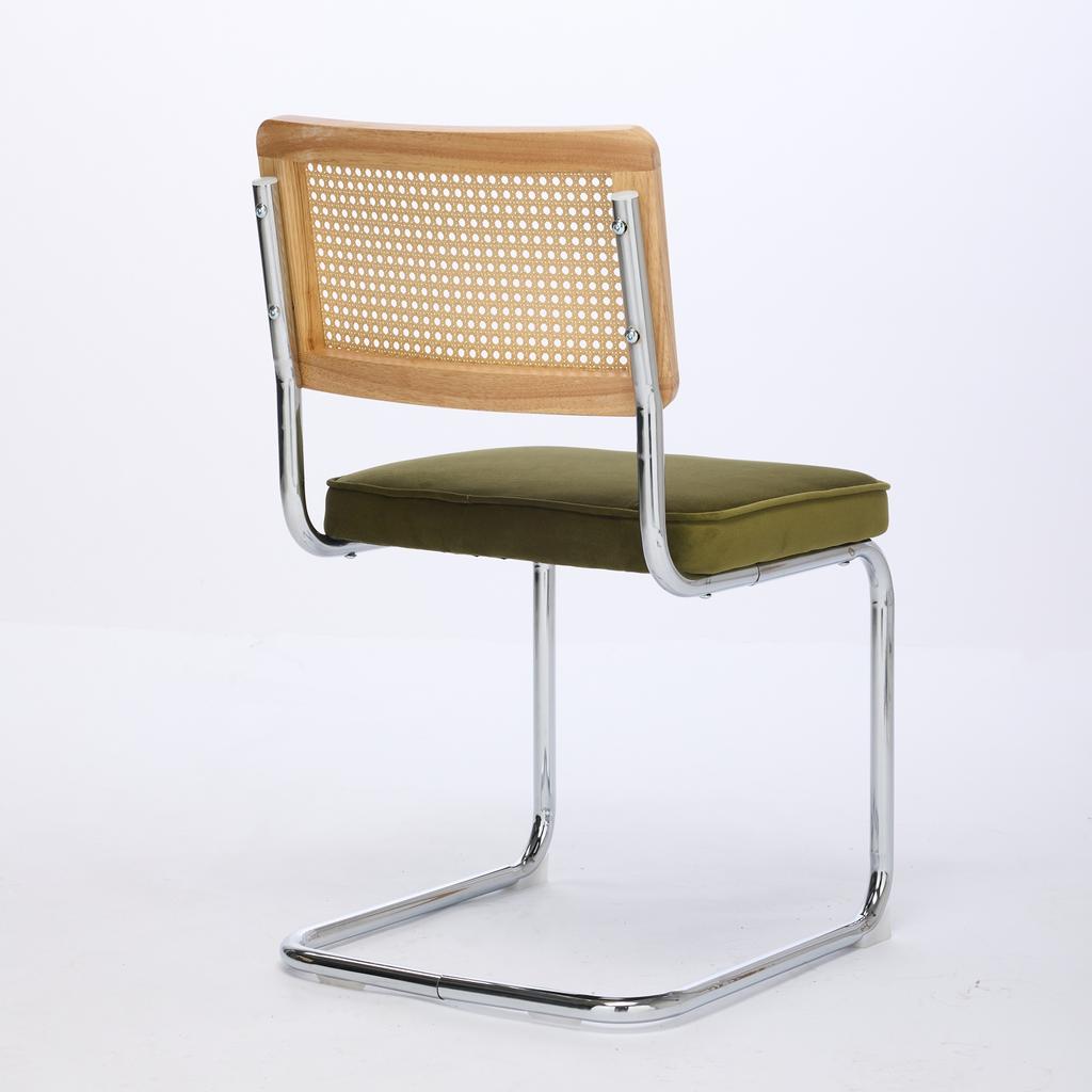 Mid Century Modern Dining Chairs Set of 2, Velvet Accent Chairs with Natural Cane Back & Stainless Chrome Base, Olive Green, DE1851OL
