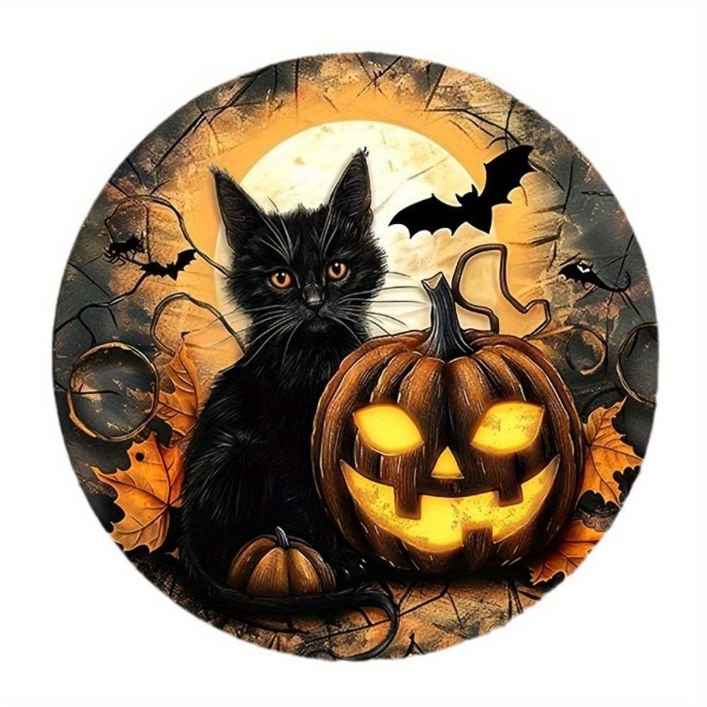 2d Flat 20*20cm, Halloween Home Decoration, Pumpkin Black Cat Wooden Circular Logo, for Home, Kitchen, Garden, Bedroom, Bar Decor.
