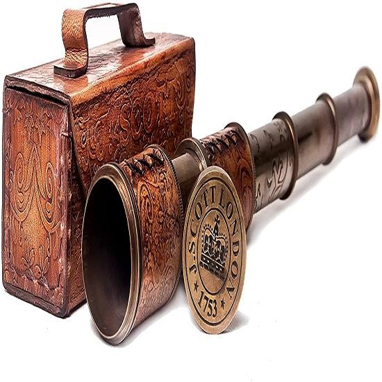RII 12x teleskop, J. Scott London funksjonell vintage håndlaget sammenleggbar Pirate Spyglass med påtrykt lærveske,