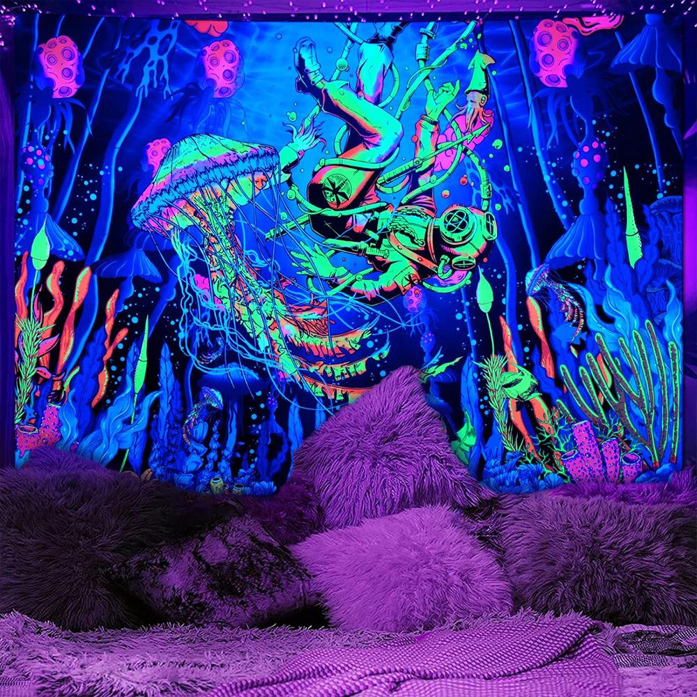 UV Reactive Mushroom Wall Hanging Tapestry Black Light Night Glowing Alien Skull Tapestries Astronaut Art For Bedroom Decor